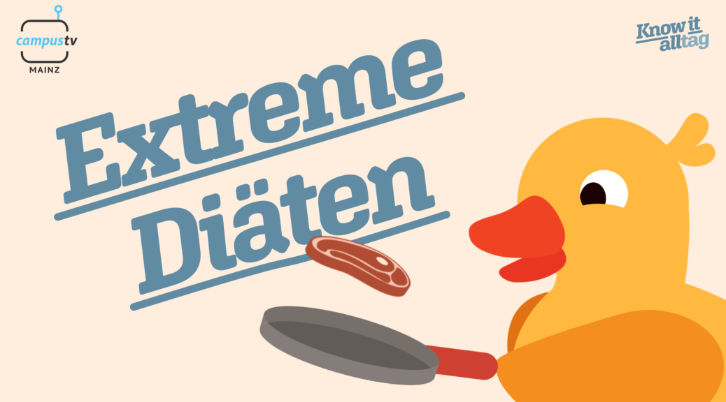 Grafische Darstellung einer Ente, die ein Fleisch in einer Pfanne brät. Text: "Extreme Diäten"